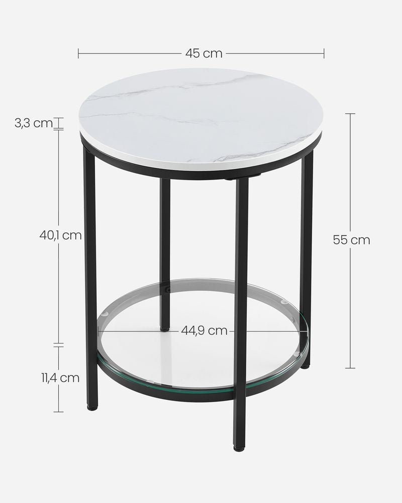 Bijzettafel 2 niveaus in wit marmerlook met zwart frame